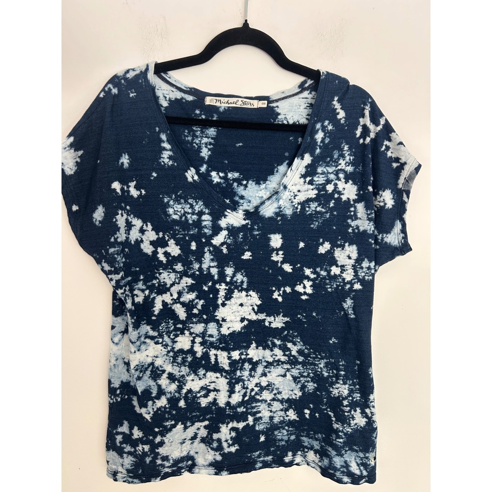 Michael Stars Tie Dye V-Neck‎ Tee Navy Blue White Cotton Size Large Relax Fit